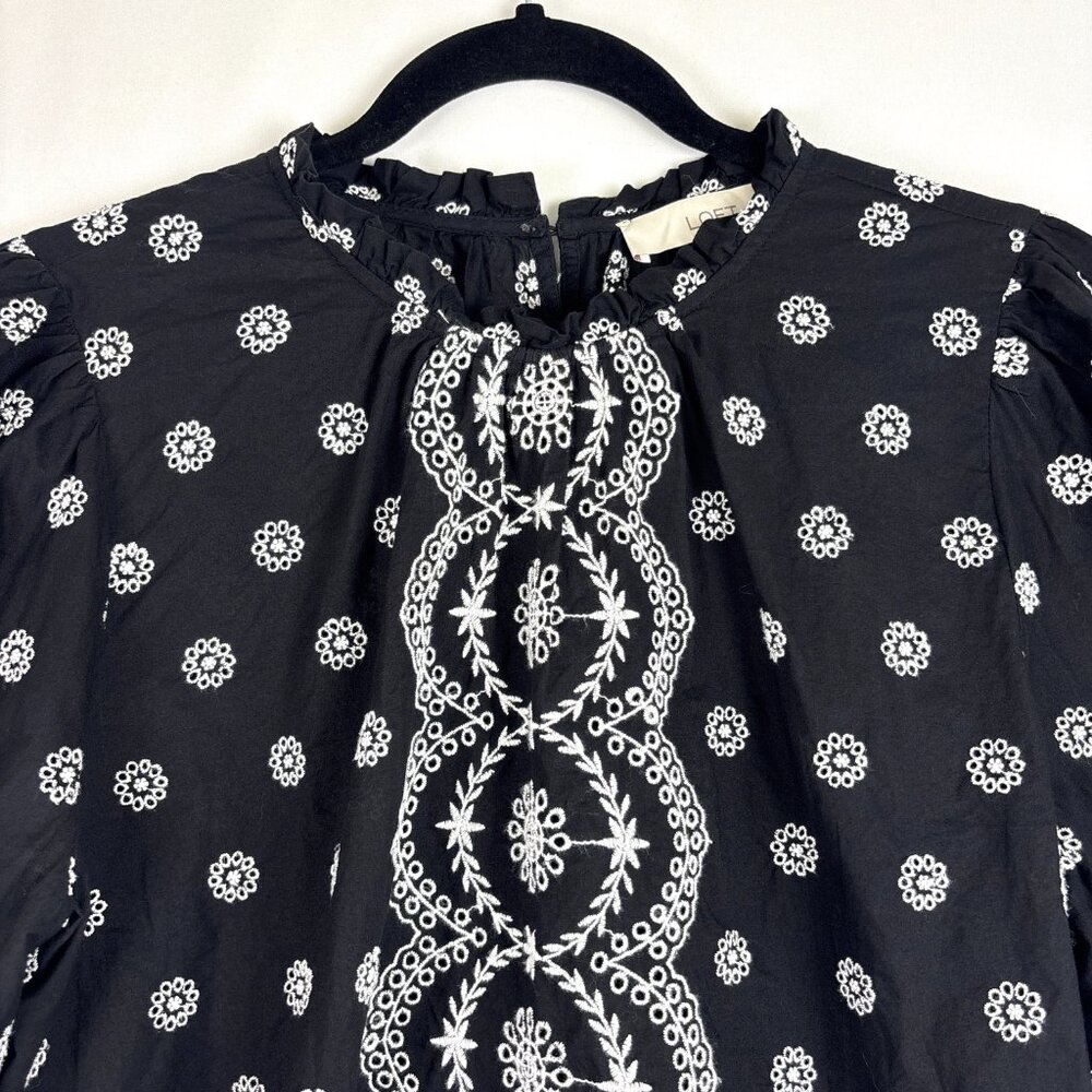 LOFT Black Embroidered Puff Sleeve Top Women's Size Large Boho Cottagecore - Picture 3 of 15